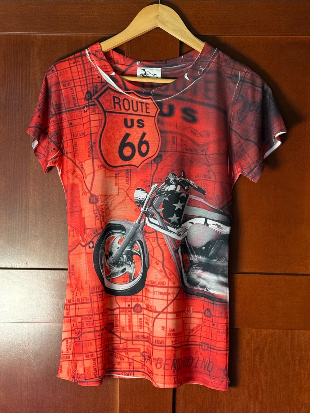 BikaChik Red Motorcycle Route 66 Sublimation Print Bodycon Tee Size 2X